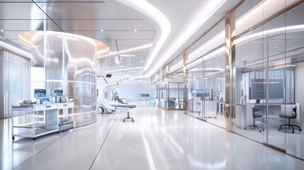 Obraz premium Sleek medical facility interior design advanced technology installation modern hospital clean environment aesthetic viewpoint healthcare innovation