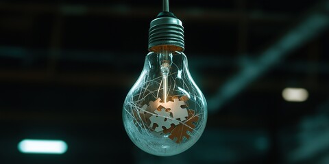 A light bulb with a puzzle piece design on it. The bulb is hanging from a ceiling. Concept of creativity and playfulness