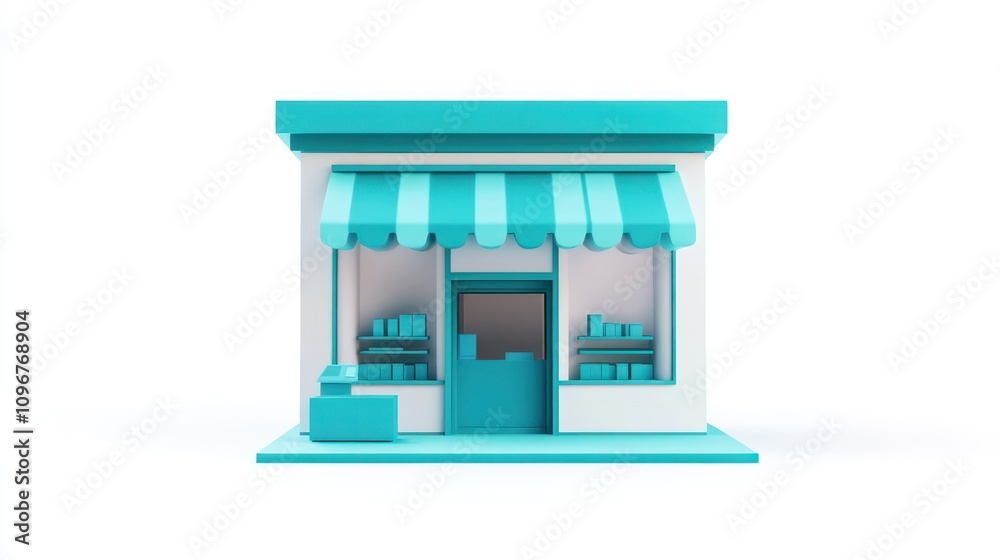 Poster a stylized shopfront with a teal color scheme and striped awning, representing a retail space.