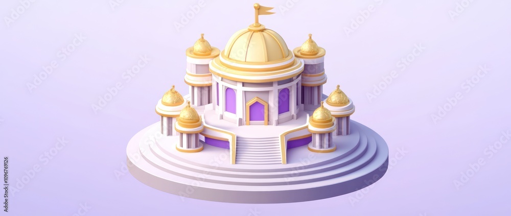 Poster A stylized, ornate building with a golden dome and multiple smaller domes, set on a circular base.