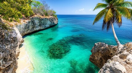 Fototapeta premium A view of a beach with a palm tree in the foreground
