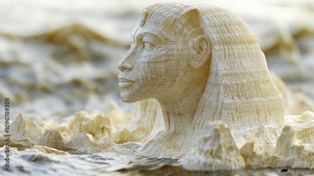 Poster a sculpted figure resembling a sphinx emerging from a textured landscape.