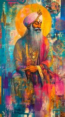 Fototapeta premium Vibrant Portrait of a Serene Sikh Man in Traditional Attire Surrounded by Colorful Patterns and Textures