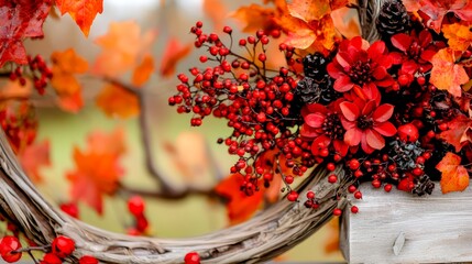 A wreath with red berries and leaves on a wooden box