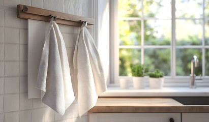 Close-up of three white kitchen towels hanging on a rack in a modern country-style kitchen interior with a window.