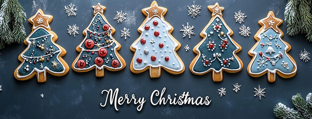 Wide landscape aligned seasonal Xmas cover background banner with colorful cute 3D Christmas tree shaped cookies in order with beautiful decorated icing