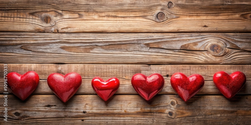 Aufkleber Red hearts arranged on a rustic wooden surface, creating a warm and inviting backdrop for a romantic message.