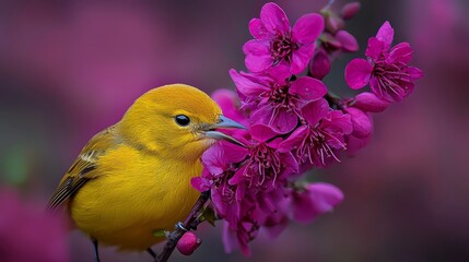 A yellow bird sitting on top of a pink flower