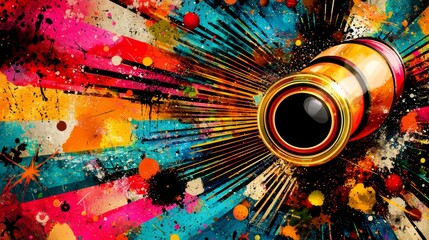 A camera lens with colorful paint splatters on it