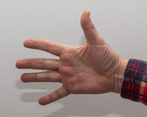 A male hand dressed in a plaid shirt extends all five fingers in a clear counting gesture against a neutral white background