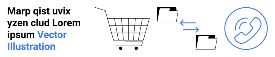 Shopping cart with file folders and blue contact us symbol. Ideal for e-commerce, online shopping, customer service, stock management, order processing, data transfer, telecommunications. Banner