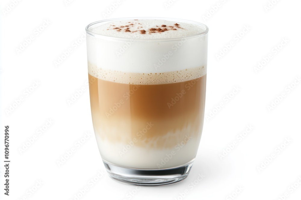 Poster a layered coffee drink with frothy milk and a sprinkle of cocoa on top.