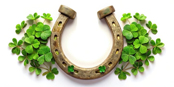 A golden horseshoe surrounded by green clover leaves, a symbol of good luck and Irish heritage