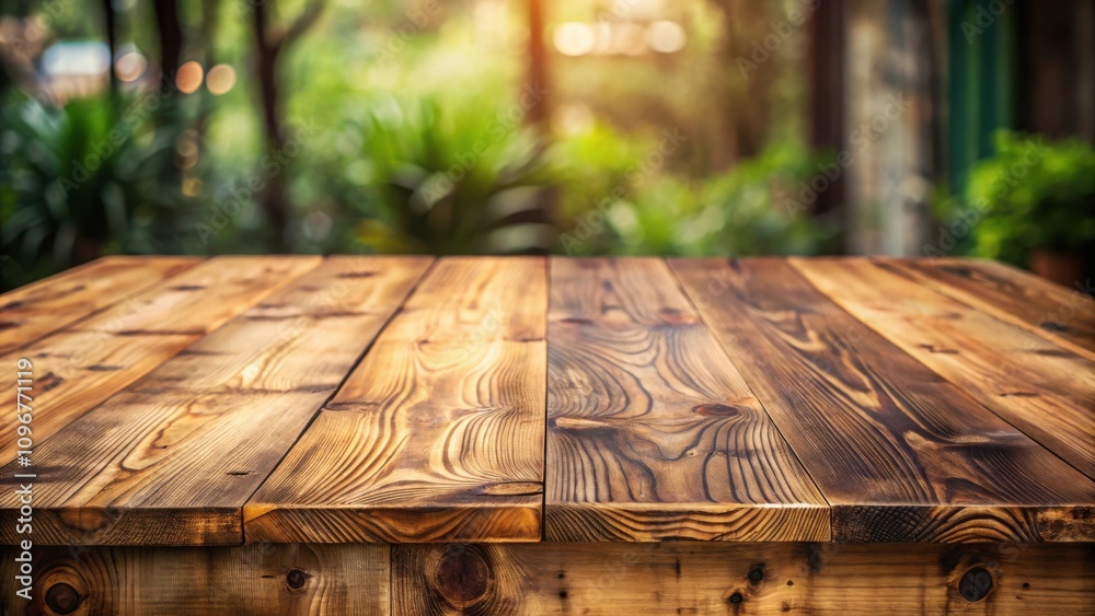 Poster rustic wooden table top with blurred foliage background, perfect for showcasing products or creating