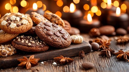 A pile of cookies sitting on top of a wooden table