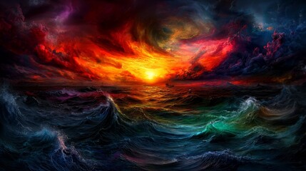 Fototapeta premium A painting of a sunset over a stormy ocean