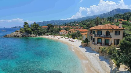 Tranquil beach with clear blue waters, golden sand, and charming villas along the coast during a sunny day