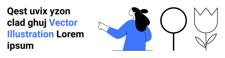 Woman with long hair pointing while standing next to placeholder text. Two simple, minimalistic floral designs, circle and tulip outlines. Ideal for web design, marketing, branding, presentations