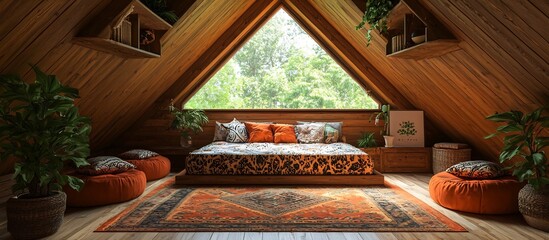 Charming Attic Living Space with Skylight Window and Rustic Furnishings