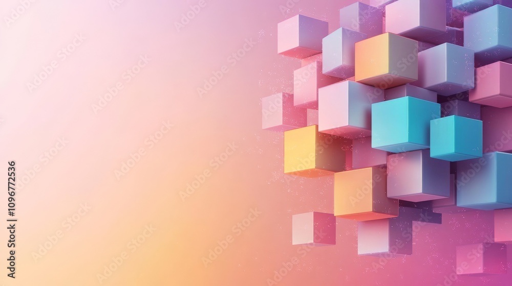 Poster a vibrant composition of colorful 3d cubes on a soft gradient background, creating a modern and abst