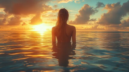Fototapeta premium Serene sunset view over a tranquil ocean as a person stands immersed in calm waters