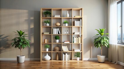 A large wooden bookshelf filled with books, plants, and decorative objects, positioned against a pale wall, with two potted plants flanking it, creating a cozy and inviting reading nook.