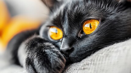 A black cat with yellow eyes laying on a couch
