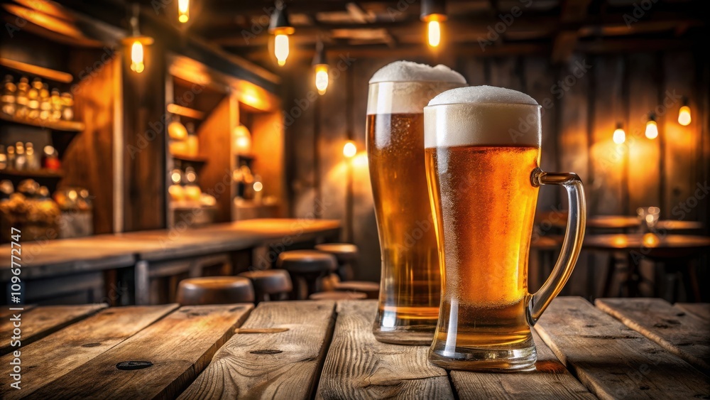 Aufkleber two frothy glasses of beer on a rustic wooden table in a dimly lit bar
