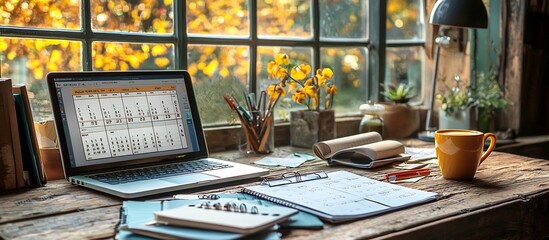 Naklejka premium Cozy Autumn Desk Setup with Laptop Calendar and Seasonal Decor