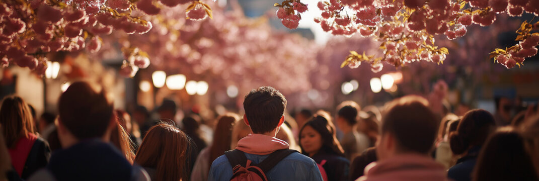 A lively scene from a cherry blossom festival, capturing the beauty of pink blossoms with a crowd of people enjoying the vibrant seasonal celebration.