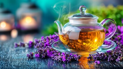A glass teapot filled with green tea sitting on top of a wooden table