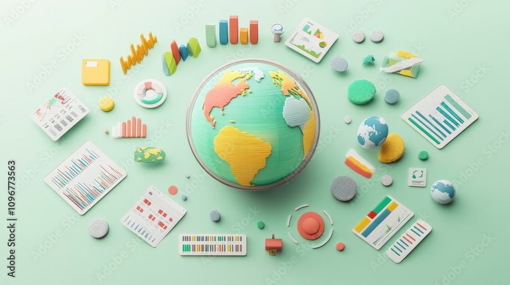 Poster 3D globe surrounded by competitor icons and analysis charts, symbolizing a global market study with in-depth competitor analysis and data.