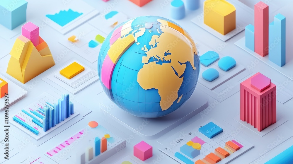 Poster 3D globe surrounded by competitor icons and analysis charts, symbolizing a global market study with in-depth competitor analysis and data.