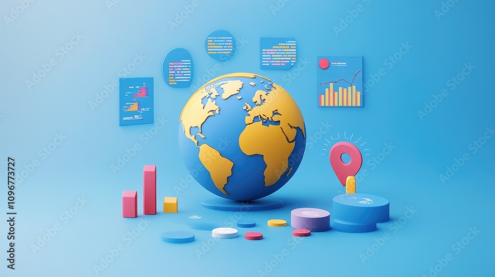 Poster A 3D globe surrounded by data charts and competitor icons, showing an interactive global competitor analysis for business decision-making.