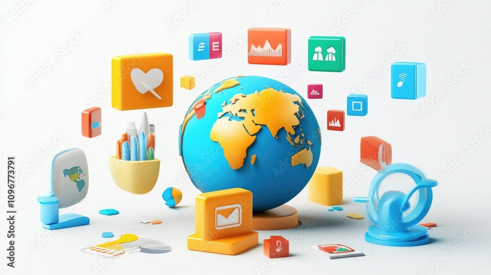 Aufkleber A 3D globe with floating competitor icons and data charts, illustrating the global landscape of competitor analysis and market competition.