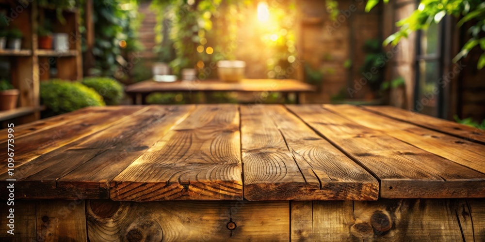 Aufkleber close-up of a rustic wooden table with a blurred background of greenery and warm sunlight.