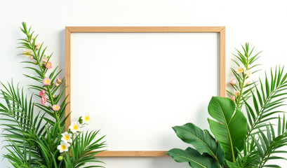 illustration white square signboard, surrounded by tropical leaves and flowers on a white background