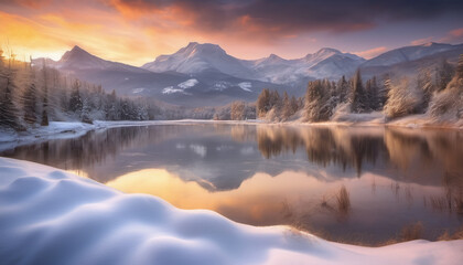 Fototapeta premium Winter Sunset Behind Snowy Mountain Peaks