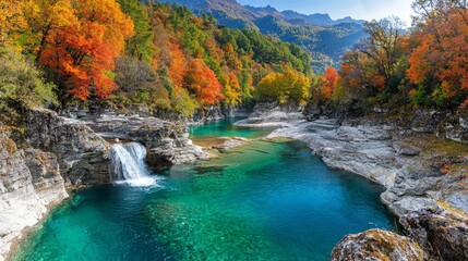 A river with a waterfall in the middle of it surrounded by trees