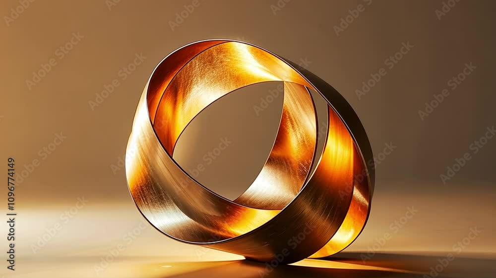 Aufkleber An abstract sculpture made of polished metal twists elegantly, reflecting warm light that enhances its smooth curves and creating a mesmerizing visual effect in a simple environment.