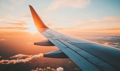 Obraz premium Aerial view from an airplane wing during sunset, showcasing clouds and vibrant sky colors.
