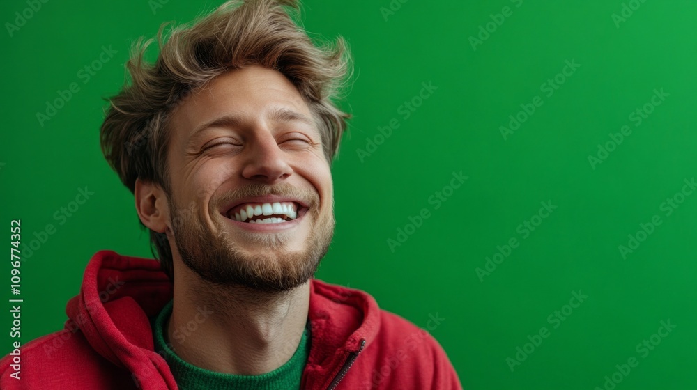 Aufkleber a man with a beard and a red hoodie is smiling