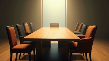 A table surrounded by chairs of various designs and sizes, equally positioned, symbolizing inclusivity, diversity, and unity in gathering spaces.