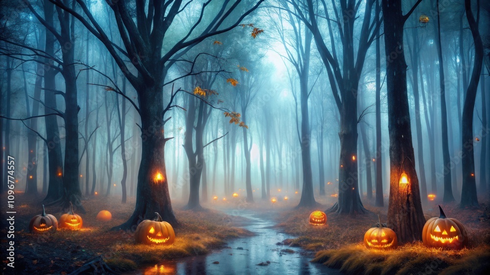 Poster enchanted forest path illuminated by glowing jack-o-lanterns on a misty autumn evening