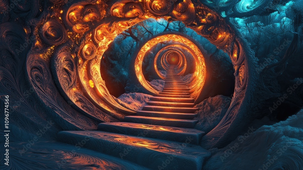 Poster A captivating circular gateway, glowing with mysterious light, leading into a new dimension with dynamic swirling patterns and a sense of wonder.