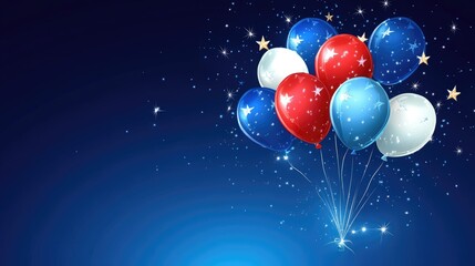 A burst of red, white, and blue balloons floating in the night sky with sparkling stars, creating a festive atmosphere for patriotic celebrations.