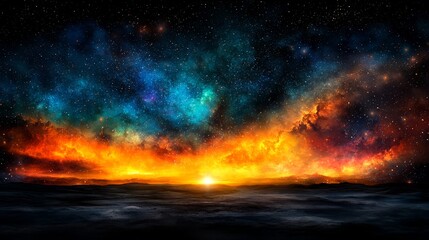 A picture of a sunset over the ocean with a nebula in the background