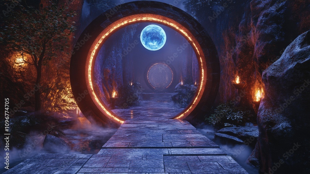 Poster A captivating circular gateway, glowing with mysterious light, leading into a new dimension with dynamic swirling patterns and a sense of wonder.