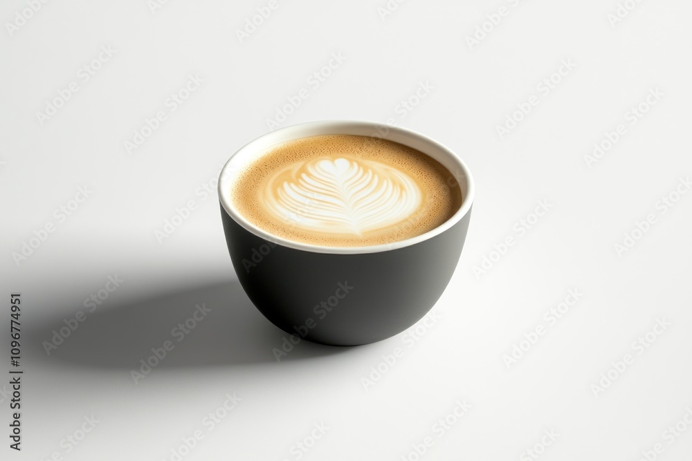Poster a beautifully crafted latte with a leaf design in a modern cup.