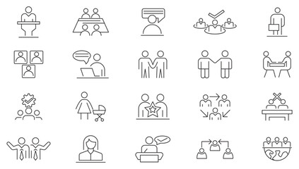 People line icon set. Society, teamwork, cooperation, human resources, avatars, people, achievement, cooperation, leadership, meeting, management, togetherness, line icon set. UI thin line icon pack.